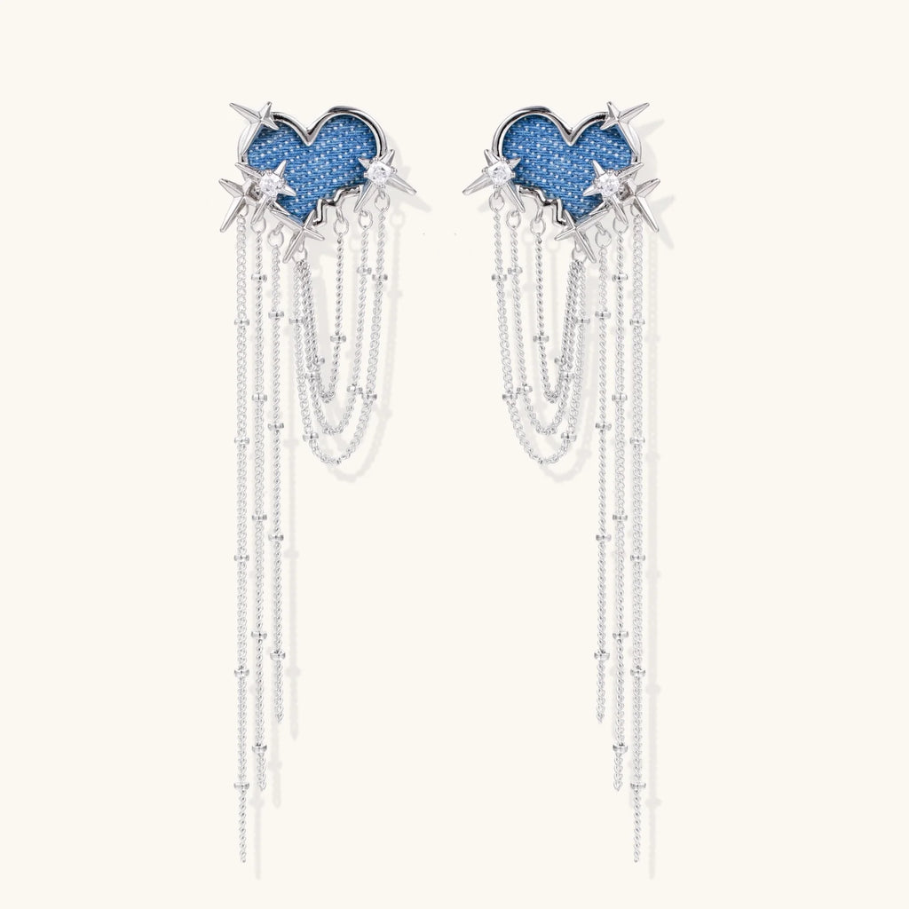Blue denim cloud-shaped earrings with white gold plated chains, zirconia stars, and cascading silver chain details
