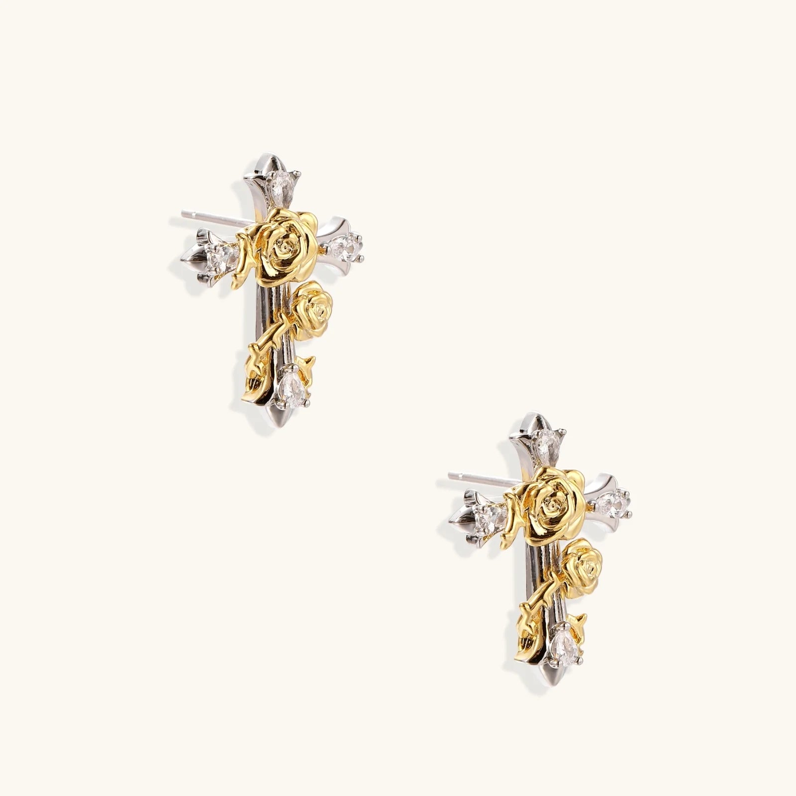 Two-tone cross earrings with gold roses and clear crystals on silver base, gothic romantic style