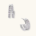 White gold-plated hoop earrings with double row of baguette-cut zirconia stones in geometric ladder design
