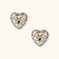 Heart-shaped stud earrings with intricate lattice design in 18K gold plated brass and silver-tone metal.