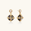 Gold-plated drop earrings with iridescent abalone shell and pearl studs in geometric cross design