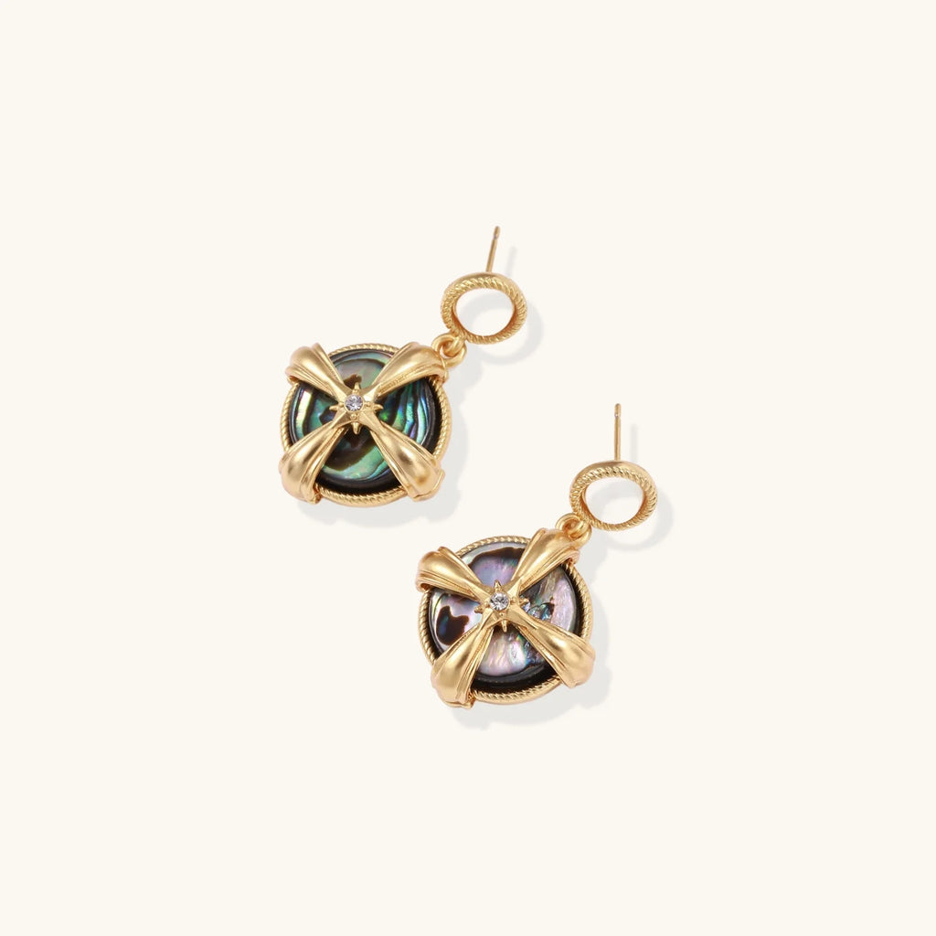 Gold-plated drop earrings with iridescent abalone shell and pearl studs in geometric cross design