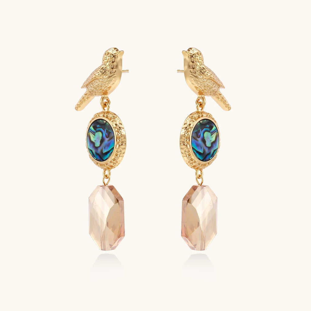 Gold-plated bird stud earrings with iridescent abalone shell medallions and champagne crystal drops on cream background