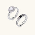 Two adjustable white gold plated rings with chain-link bands, featuring cubic zirconia halo and enamel details
