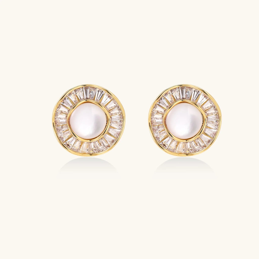 14K gold-plated stud earrings with freshwater pearl center surrounded by baguette-cut crystal halo in sunburst design