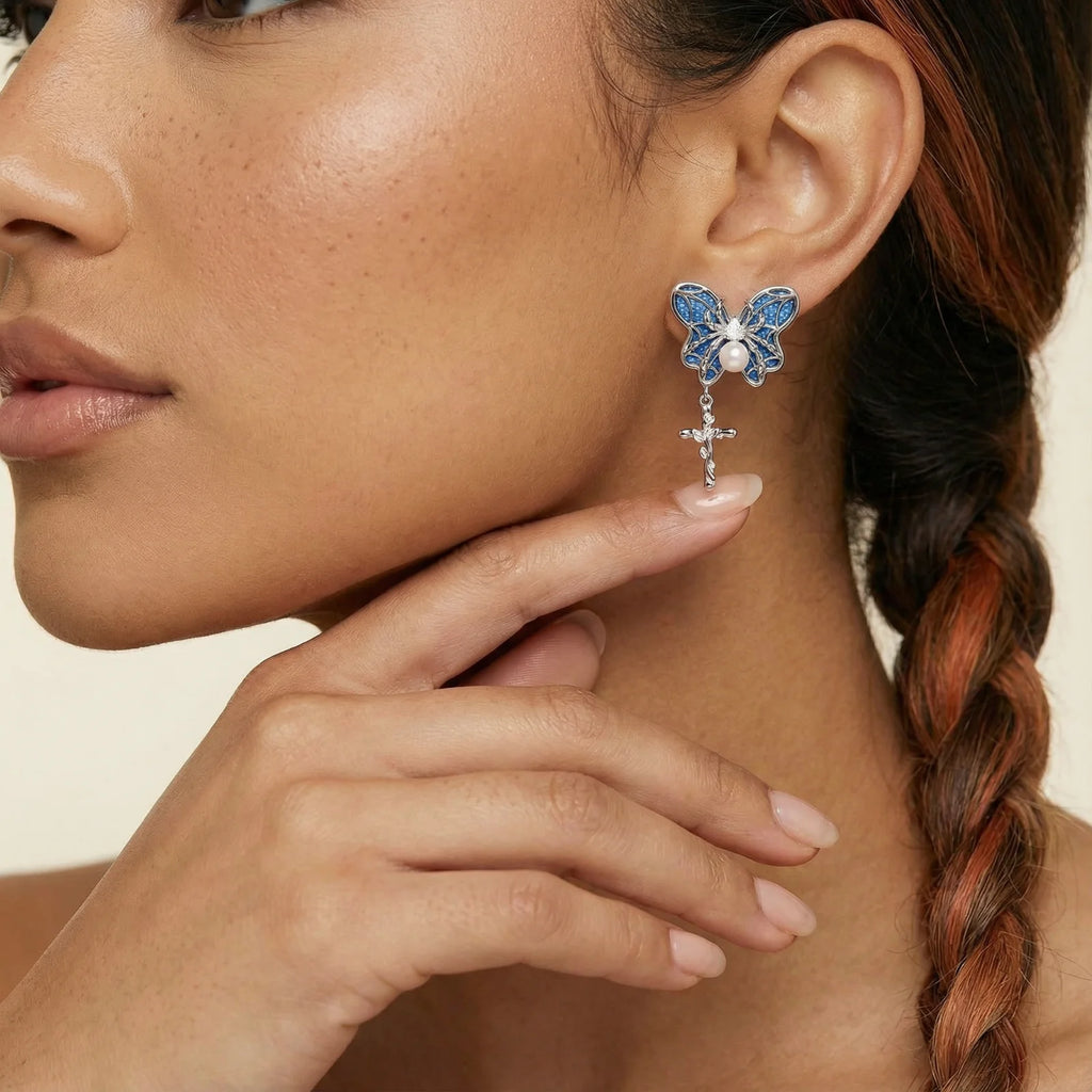 Celestial Butterfly Cross Earrings